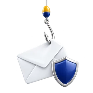 Fishing hook catching an envelope beside a shield